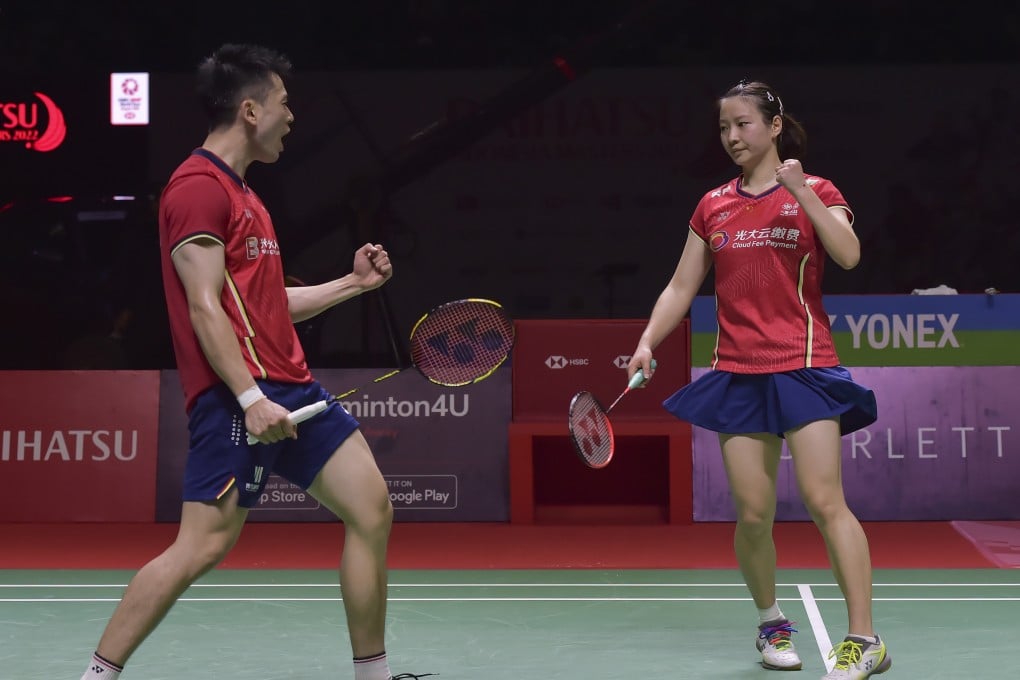 Zheng Siwei (left) and Huang Yaqiong of China celebrate during their final against Thom Gicquel and Delphine Delrue of France. Photo: Xinhua