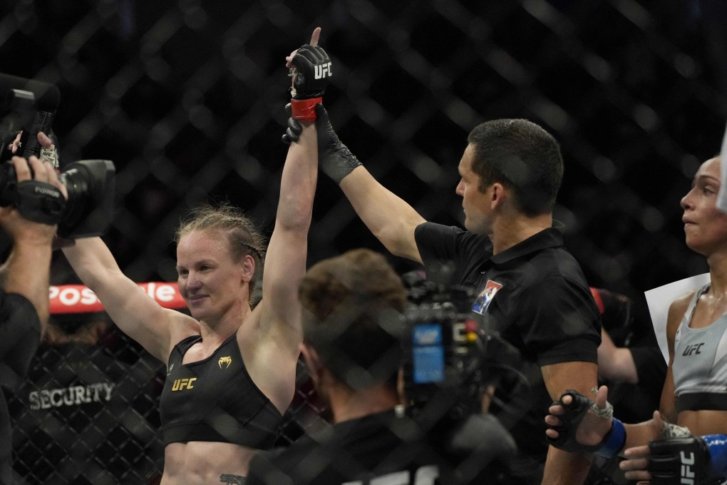Valentina Shevchenko celebrates her win against Brazil’s Taila Santos at UFC 275. Photo: AFP