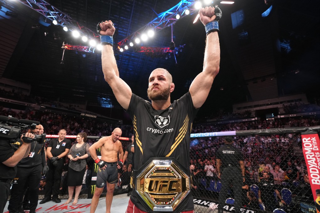 Jiri Prochazka celebrates after his submission victory over Glover Teixeira in theor light heavyweight championship fight at UFC 275 at Singapore Indoor Stadium on June 12, 2022. Photo: Zuffa LLC