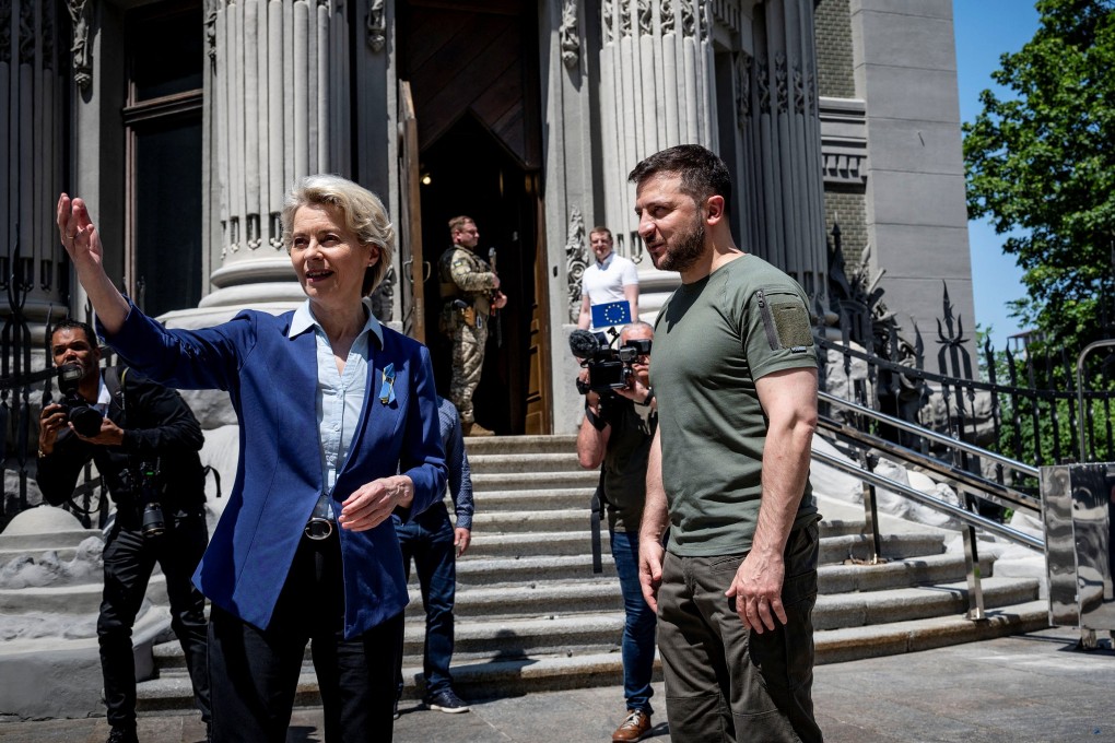 Ukraine’s President Volodymyr Zelensky and European Commission President Ursula von der Leyen in Kyiv, Ukraine on Saturday. Photo: Ukrainian Presidential Press Service / Handout via Reuters