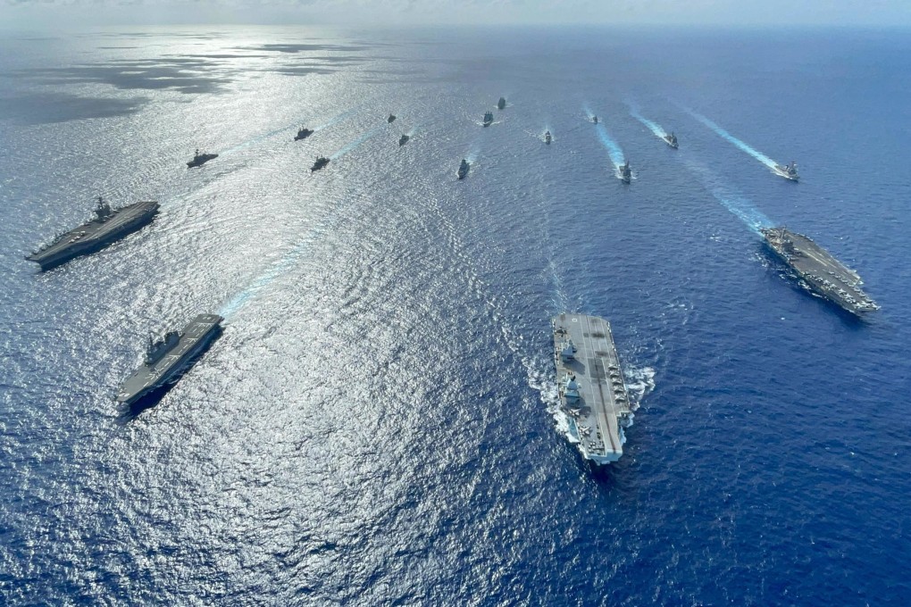 US Navy carrier strike groups led by flagships USS Ronald Reagan and USS Carl Vinson join Japanese helicopter destroyer JS Ise and a British carrier strike group led by HMS Queen Elizabeth for group operations in the Philippine Sea in October. Photo: US Indo-Pacific Command