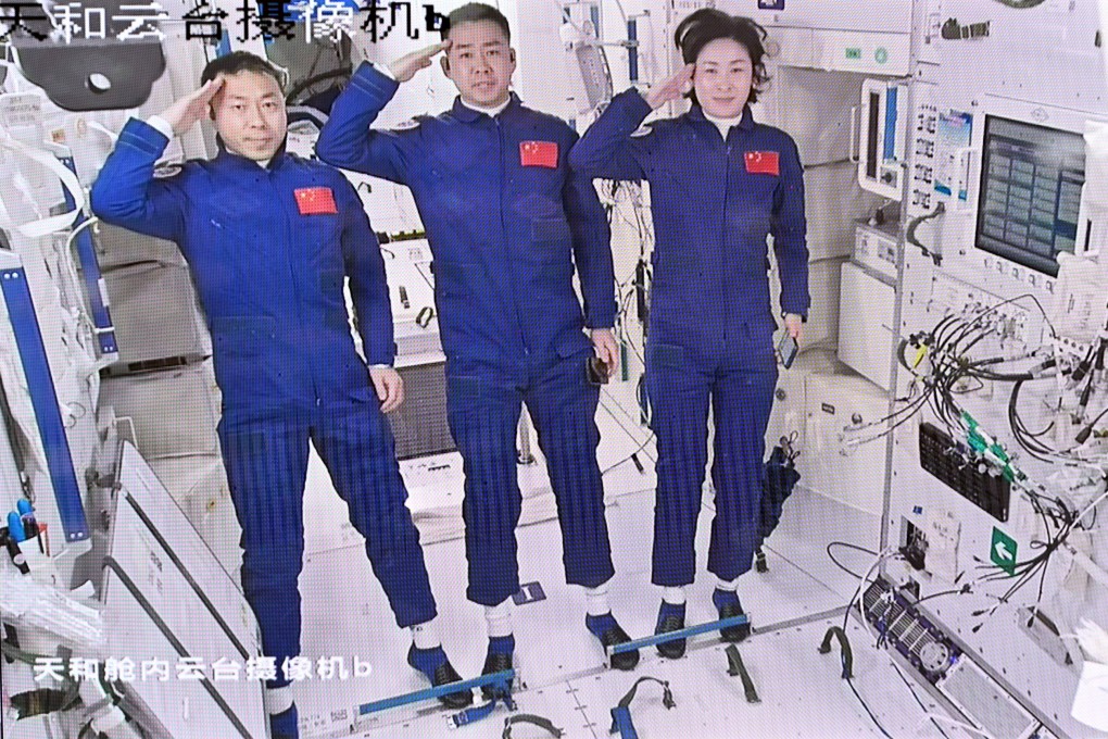 Left to right, Chinese astronauts Cai Zuzhe, Chen Dong and Liu Yang in the space station core module Tianhe this month. Photo: Xinhua