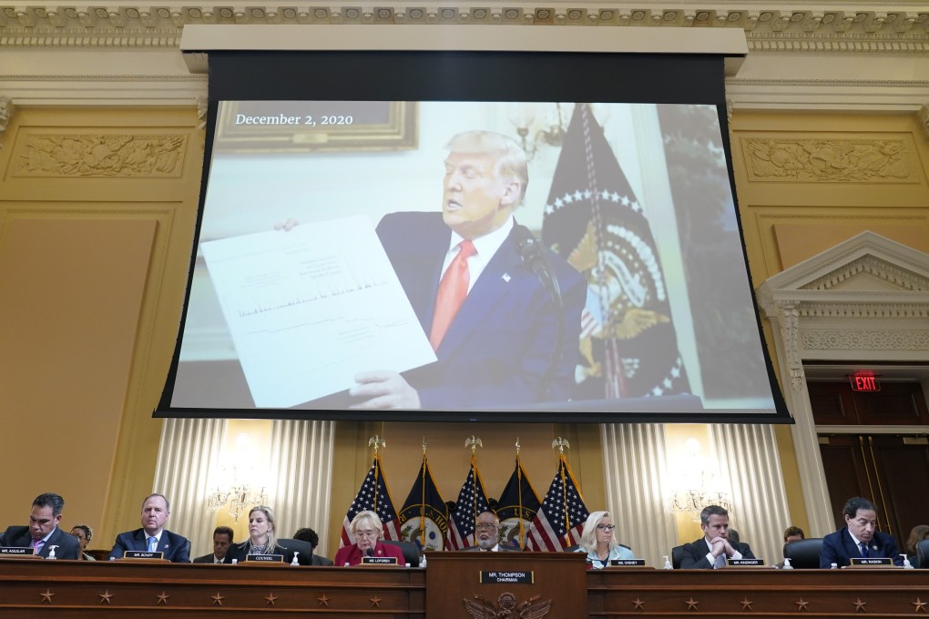 Ex-president Donald Trump in a video exhibit on Monday. Photo: AP