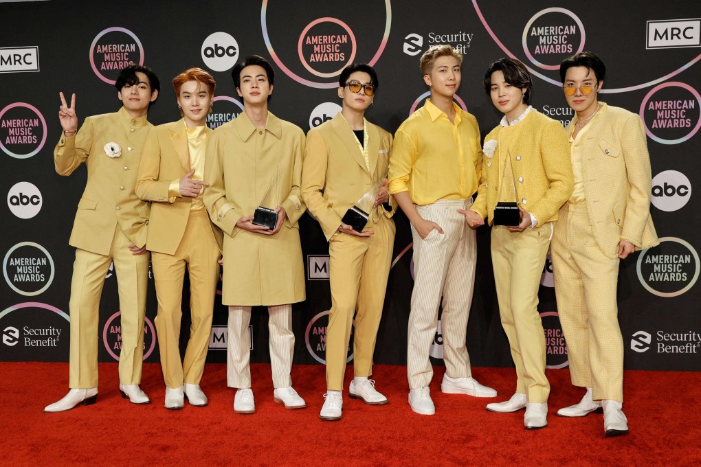 (L-R) V, Suga, Jin, Jungkook, RM, Jimin, and J-Hope of BTS are seen at the 2021 American Music Awards in LA. File photo: Getty Images North America via AFP