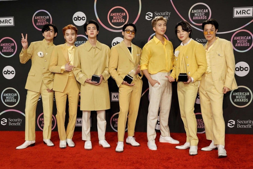 (L-R) V, Suga, Jin, Jungkook, RM, Jimin, and J-Hope of BTS are seen at the 2021 American Music Awards in LA. File photo: Getty Images North America via AFP