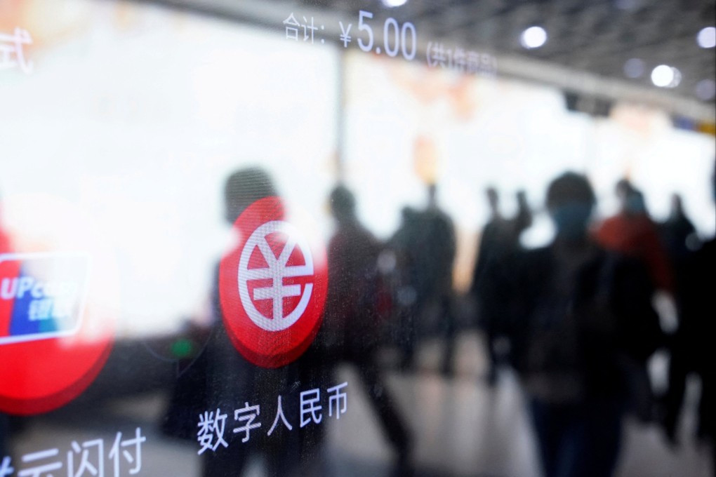 A sign indicating digital yuan, also referred to as e-CNY, in Shanghai. Photo: Reuters