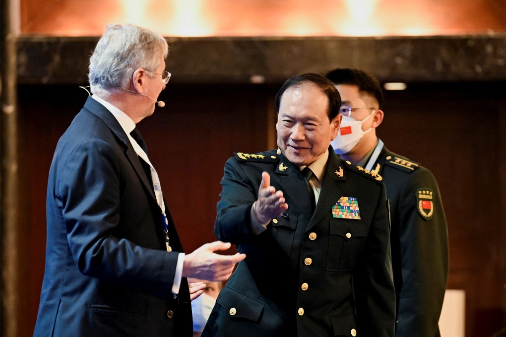 China’s Defence Minister General Wei Fenghe gestures before a plenary session during the Shangri-La Dialogue in Singapore on Sunday. Photo: Reuters