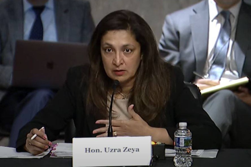 A screenshot of Uzra Zeya, US undersecretary of state for civilian security, democracy, and human rights, testifying before the Congressional-Executive Commission on China in Washington on Wednesday.