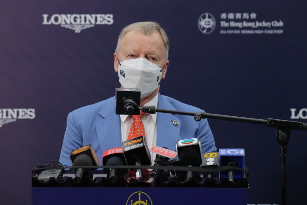 Jockey Club CEO Winfried Engelbrecht-Bresges, pictured here talking to the press after a race meeting at Sha Tin in December 2021, joined the organisation in 1998. Photo: Kenneth Chan.
