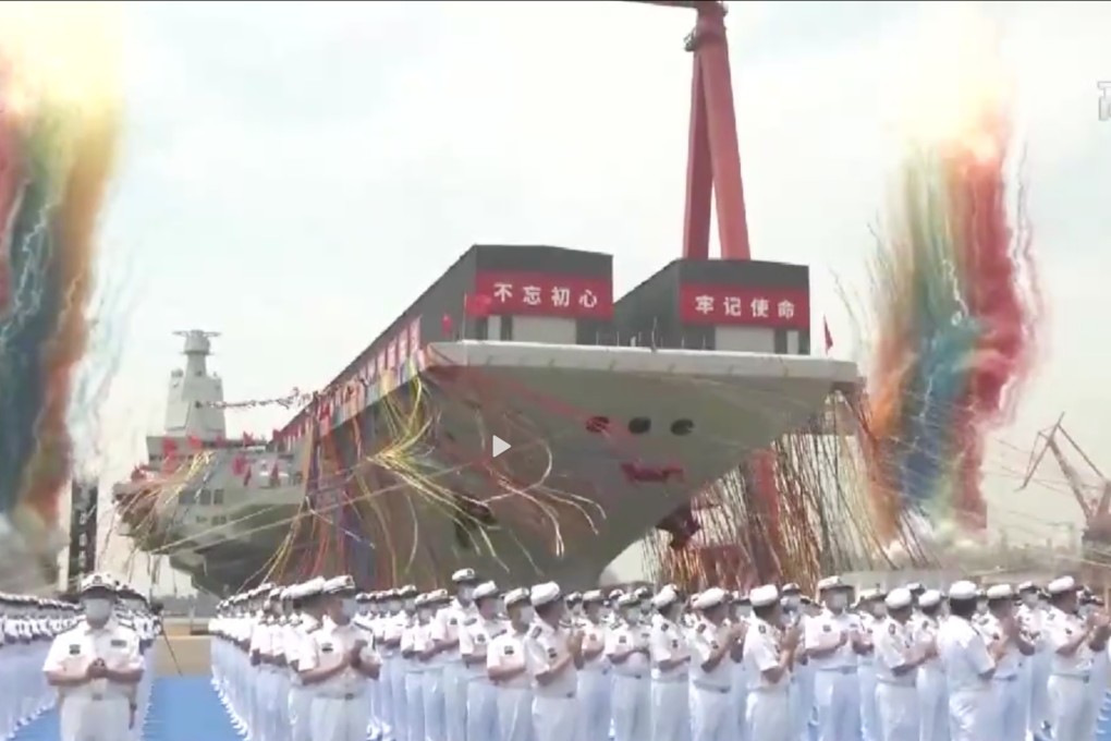Celebrations as China’s third and most advanced aircraft carrier is launched from Jiangnan shipyard in Shanghai. Photo: CCTV