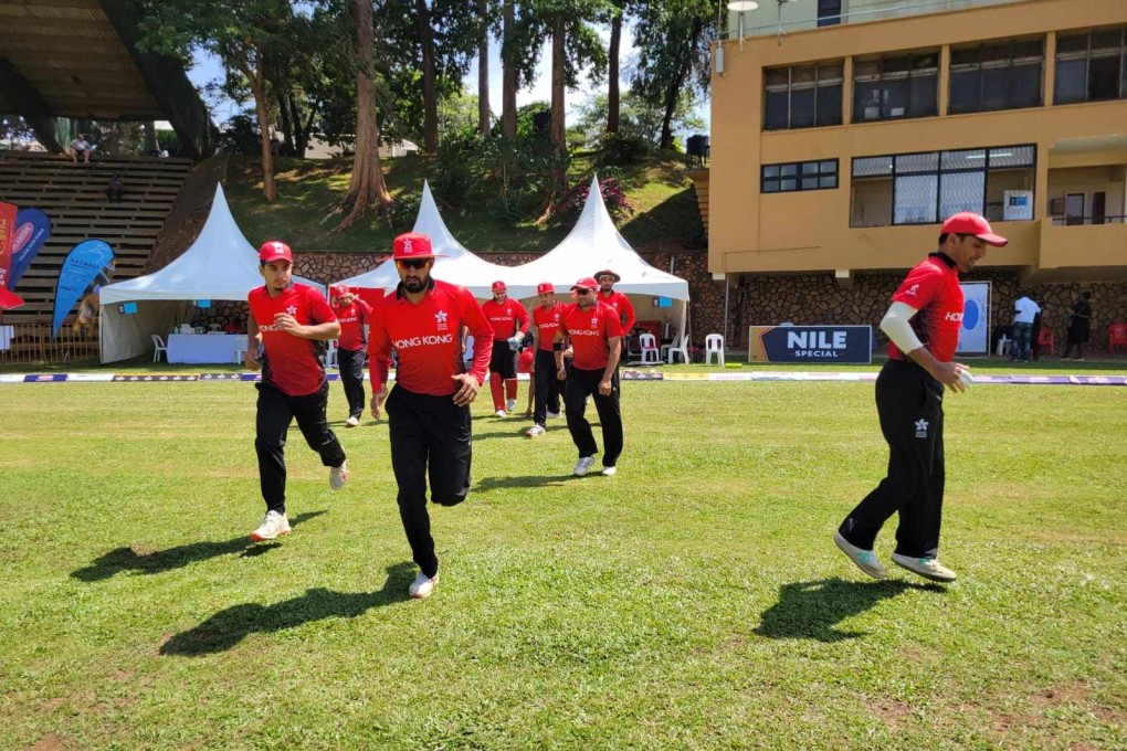 Hong Kong players take the field against Italy in the opening 2022 Challenge League B match in Kampala. Hong Kong won by 58 runs. Photo: Cricket Hong Kong