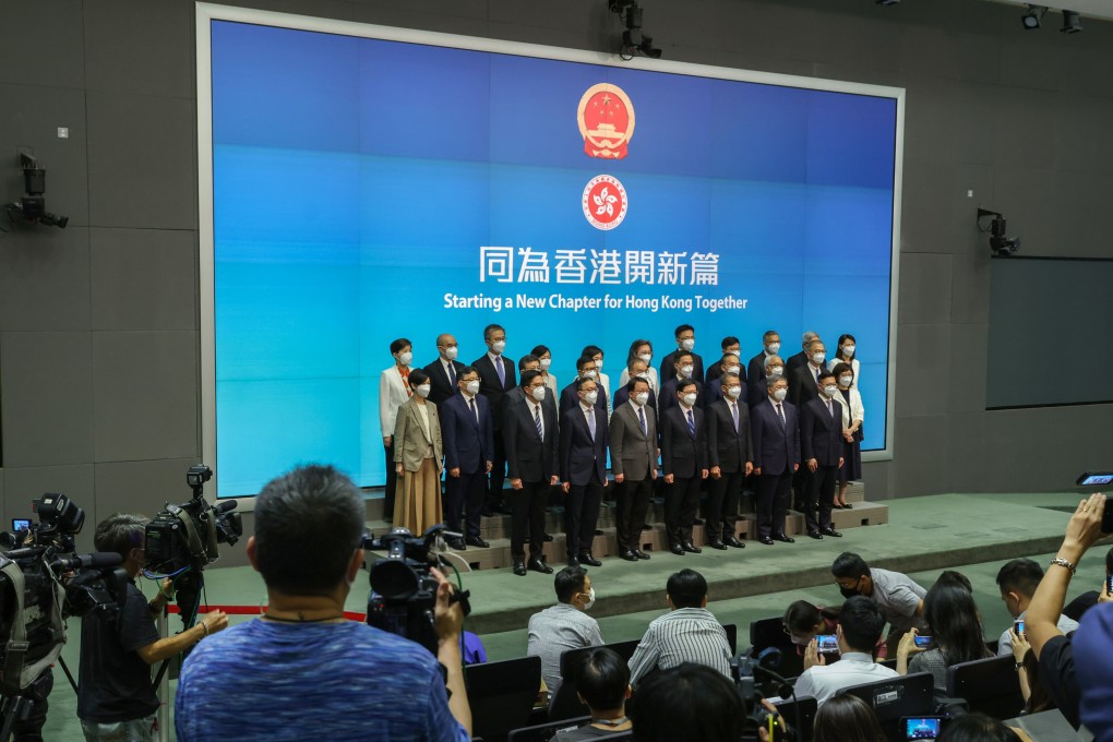 Hong Kong Chief Executive-designate John Lee introduces his team on Sunday. Photo: Nora Tam