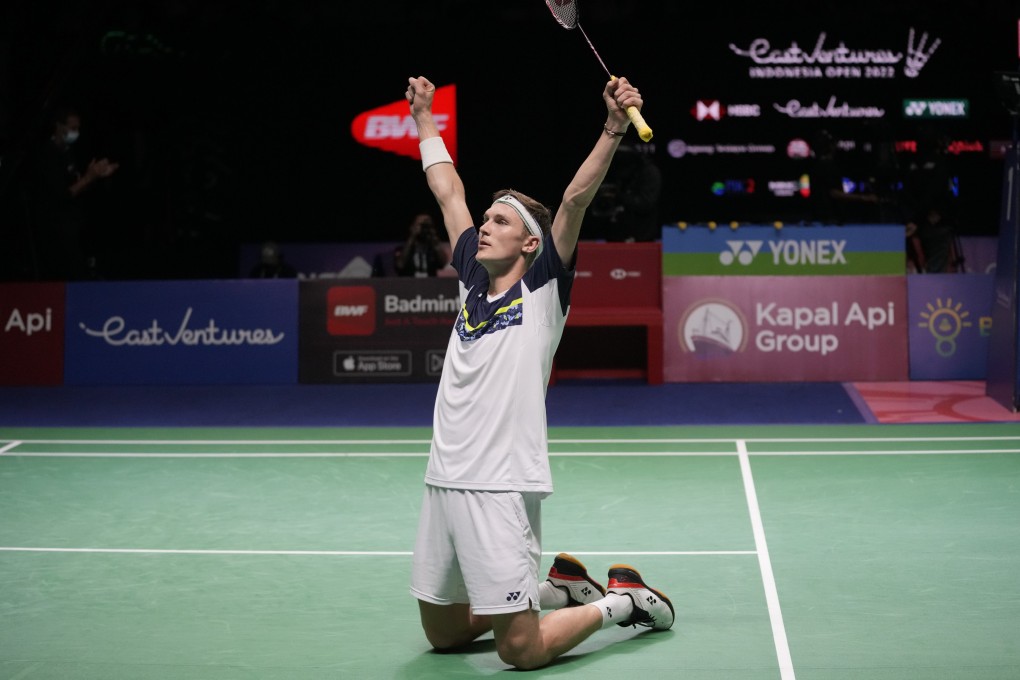 Denmark’s Viktor Axelsen celebrates after defeating China’s Zhao Jun Peng in the Indonesia Open men’s singles final. Photo: AP