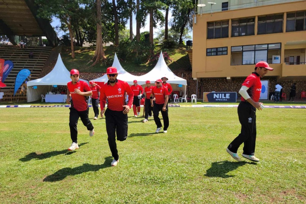 Hong Kong players take the field against Italy in the opening 2022 Challenge League B match in Kampala. Photo: Cricket Hong Kong