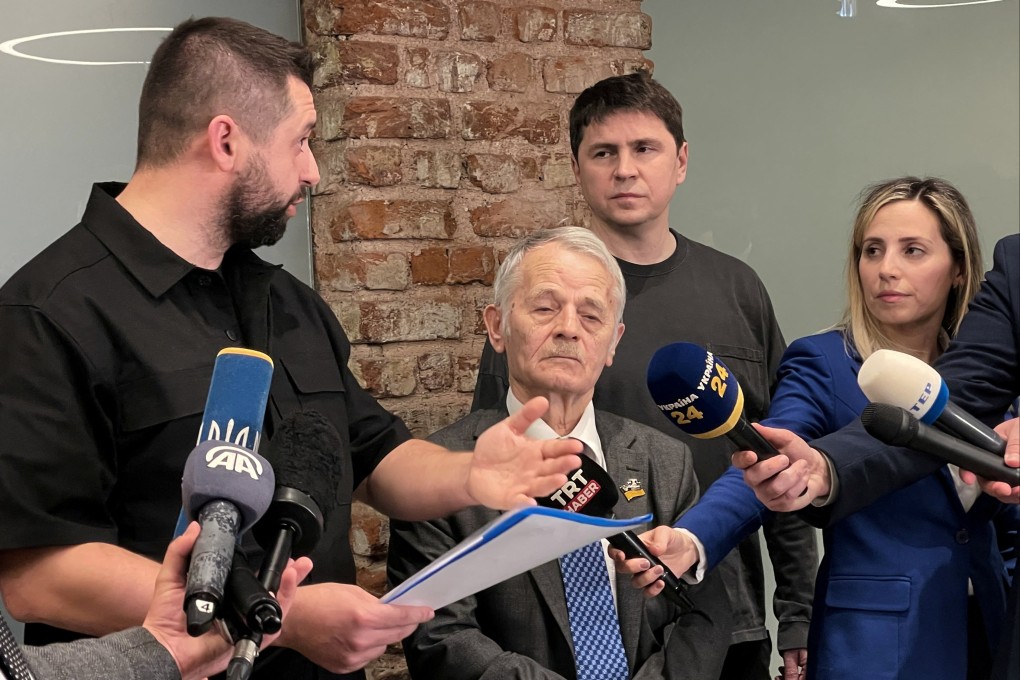 From left, Kyiv’s chief negotiator David Arakhamia, Crimean Tatar leader Mustafa Dzhemilev and Mykhailo Podolyak, a political adviser to Ukraine’s President Volodymyr Zelensky. Photo: Reuters