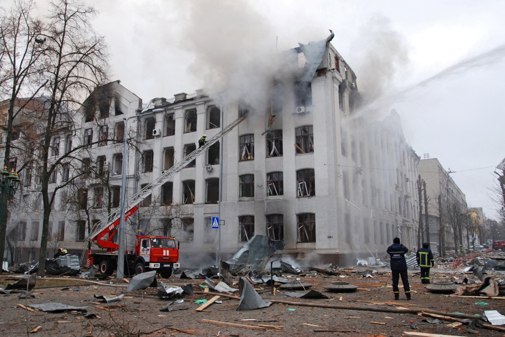Firefighters put out a blaze at the Kharkiv National University building, in Ukraine, which city officials said was damaged by shelling, on March 22. Photo: Reuters