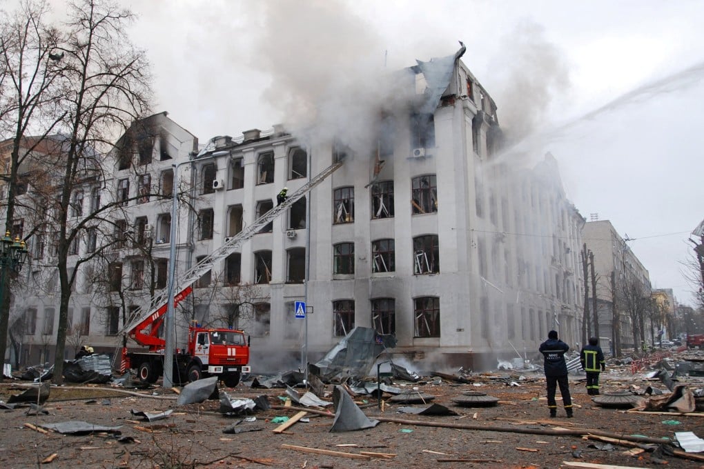 Firefighters put out a blaze at the Kharkiv National University building, in Ukraine, which city officials said was damaged by shelling, on March 22. Photo: Reuters