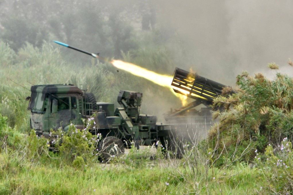 A Taiwanese-made Thunderbolt-2000 multiple rocket system is launched during drills in Taichung in 2020. On Monday, the rocket system jammed during firing and exploded. The defence ministry says officers or soldiers were hurt. Photo: AFP