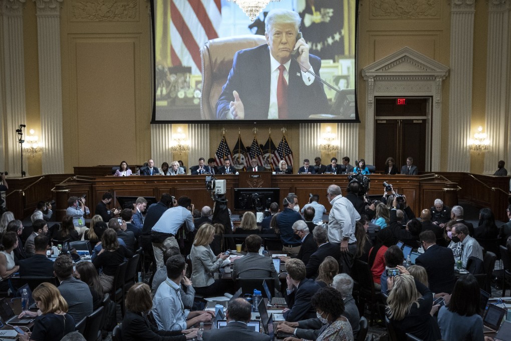 An image of former US president Donald Trump is displayed during the third hearing on June 16 of the House Select Committee to Investigate the January 6 Attack on the US Capitol. The bipartisan committee, which has been gathering evidence for almost a year related to the attack, is presenting its findings in a series of televised hearings. Photo: EPA-EFE