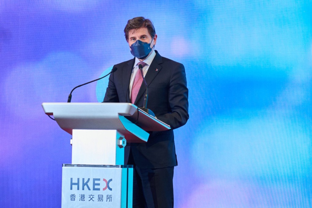 Nicolas Aguzin during the ceremony celebrating HKEX’s 22nd anniversary as a listed company on Tuesday. Photo: Handout