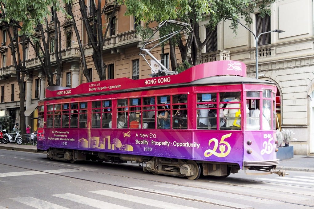 Trams in Milan, Italy, are also promoting a month of celebrations in Europe to mark 25th anniversary of the establishment of the Hong Kong Special Administrative Region (HKSAR). Photo: SCMP Pictures/Handout
