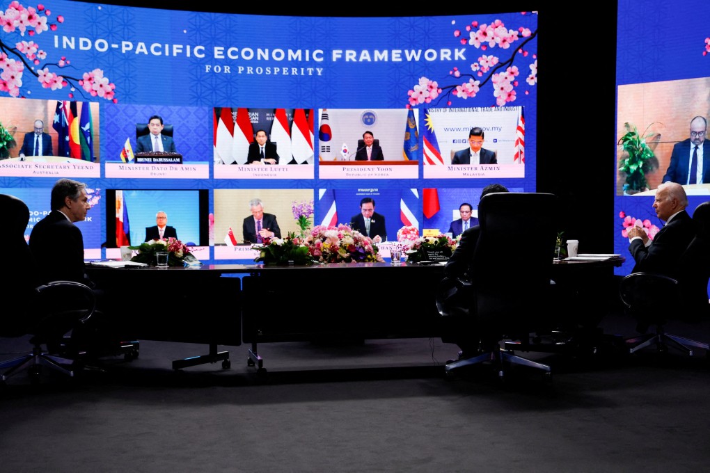 US President Joe Biden, US Secretary of State Antony Blinken and Japan’s Prime Minister Fumio Kishida listen to other leaders joining the Indo-Pacific Economic Framework (IPEF). Photo: Reuters