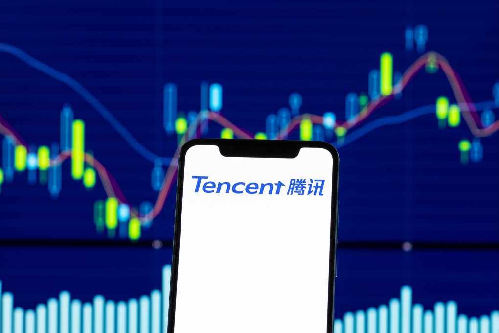 Tencent logo is seen on an Android mobile phone over stock chart. Photo: Shutterstock