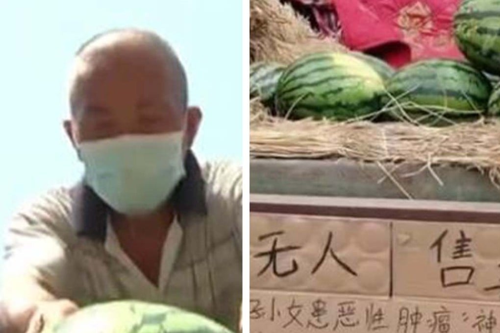 A grandfather unwittingly raised 100,000 yuan when he left his watermelon cart to return to a farm to raise money for his sick granddaughter. Photo: SCMP composite