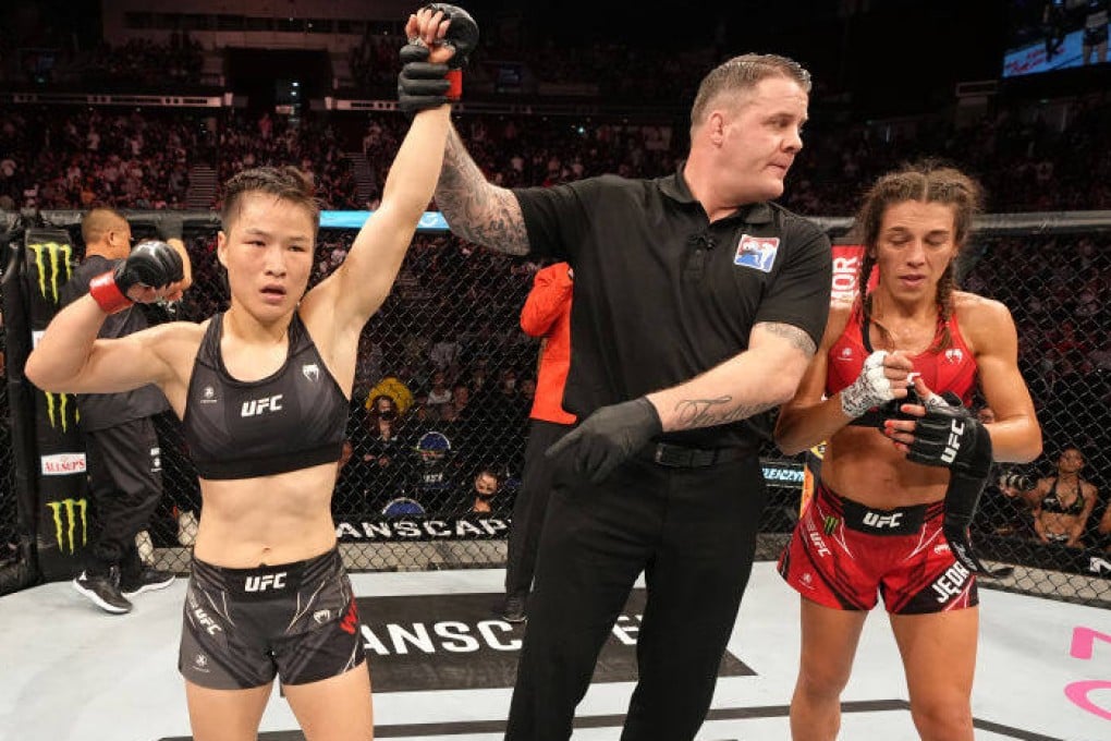 Zhang Weili celebrates after her knockout victory over Joanna Jedrzejczyk at UFC 275 in Singapore. Photo Zuffa LLC