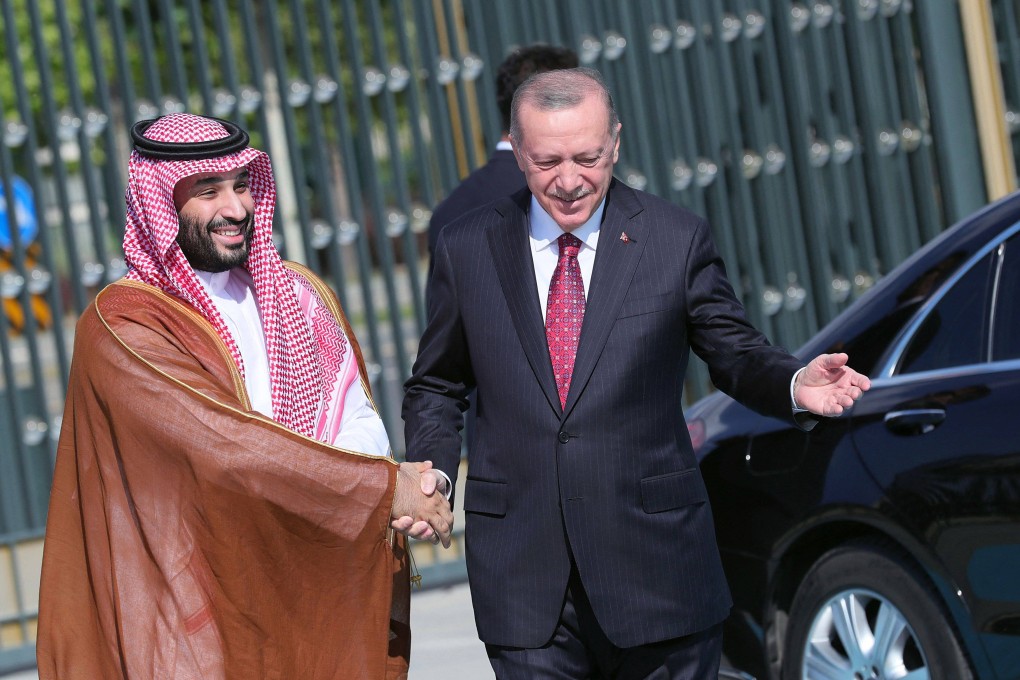 Turkish President Recep Tayyip Erdogan (right) welcomes Saudi Arabia’s Crown Prince Mohammed bin Salman at the Presidential Complex in Ankara on Wednesday. Photo: Turkish Presidency Press Office via AFP