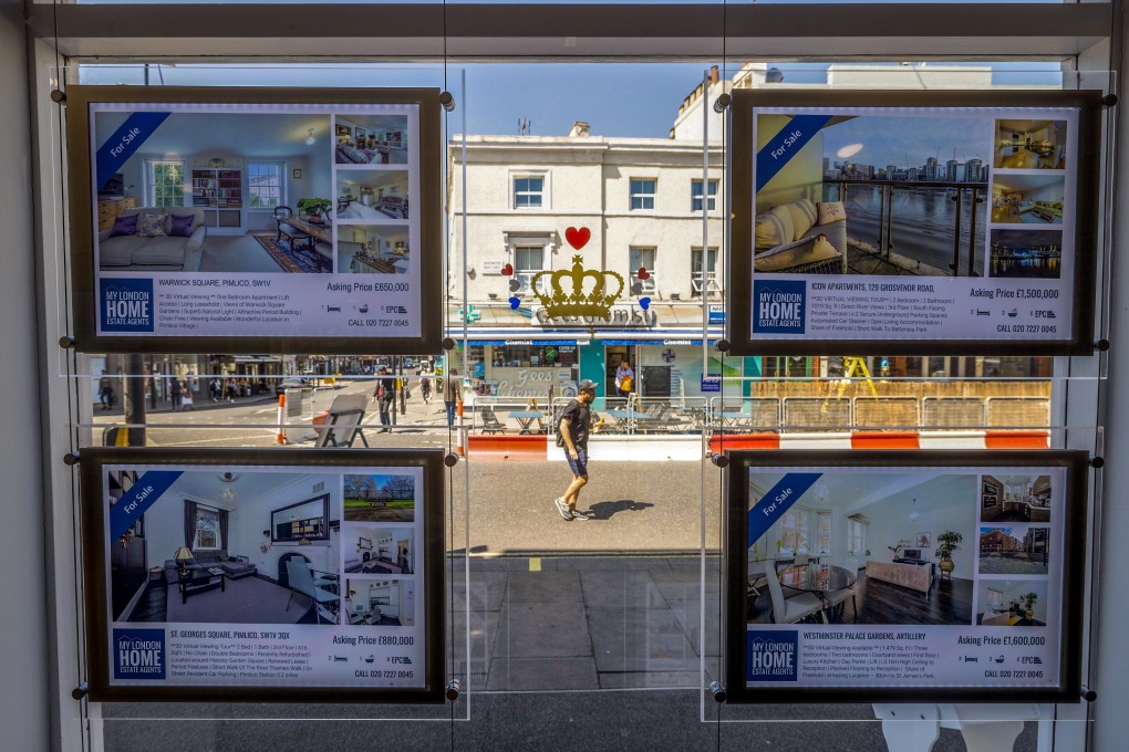 An estate agents’ office in London. Investors can expect home prices in the UK to moderate to single-digit growth by the end of the year, Knight Frank says. Photo: Bloomberg
