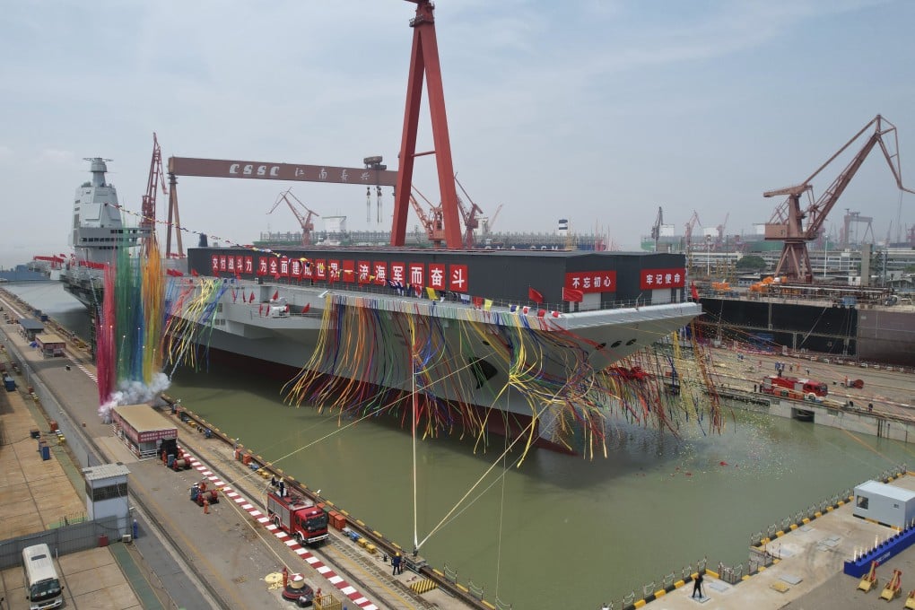 A launch ceremony is held for China’s latest and most advanced aircraft carrier, Fujian, at a dock in Shanghai on June 17. Photo: Xinhua via AP