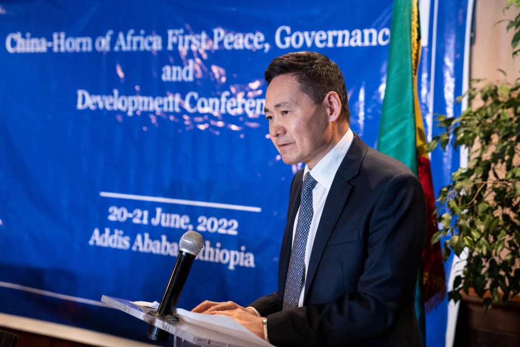 China’s special envoy to the Horn of Africa, Xue Bing, speaks at the conference in Addis Ababa, Ethiopia, on Monday. Photo: AFP