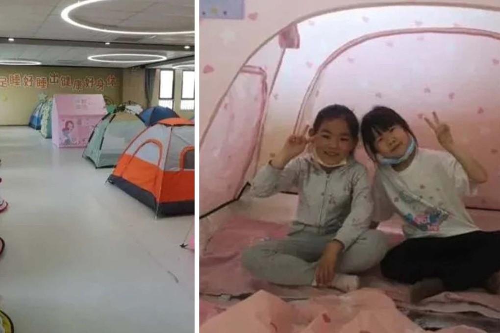 A Chinese primary school wins praise for letting students set up tents for afternoon naps, teaching them independence and the value of sleep. Photo: Inews