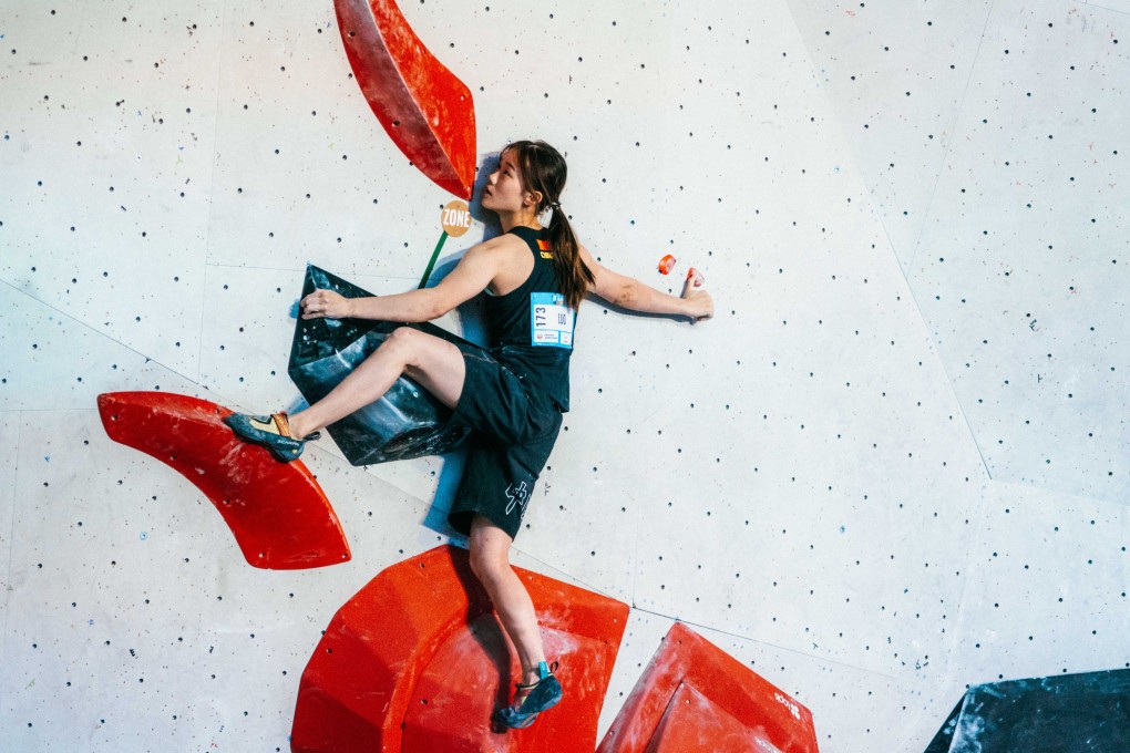 Chinese climber Luo Zhilu, 16, in action at the Climbing World Cup in Brixen Italy. Photo: Lena Drapella/IFSC