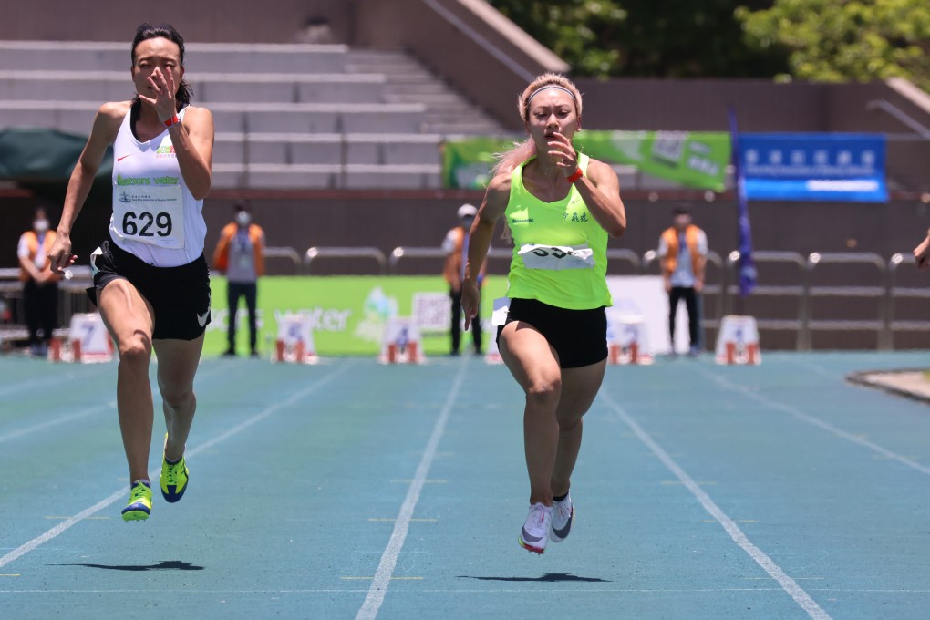 Chloe Chan (centre) wins the 100 metres at the Hong Kong Athletics Championships with Kong Chun-ki (left) finishing second at Tseung Kwan O Sports Ground. Photo: Dickson Lee