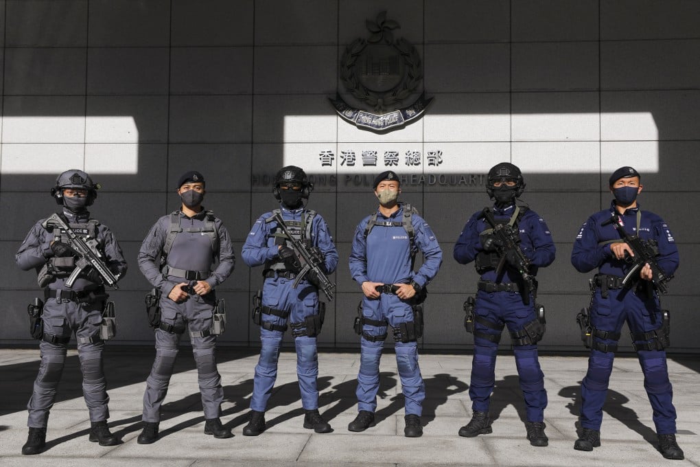 The new uniforms (left to right): the Railway Response Team’s full kit and light kit; the Counter Terrorism Response Unit’s full and light kit; and the Airport Security Unit’s full and light kit. Photo: Xiaomei Chen