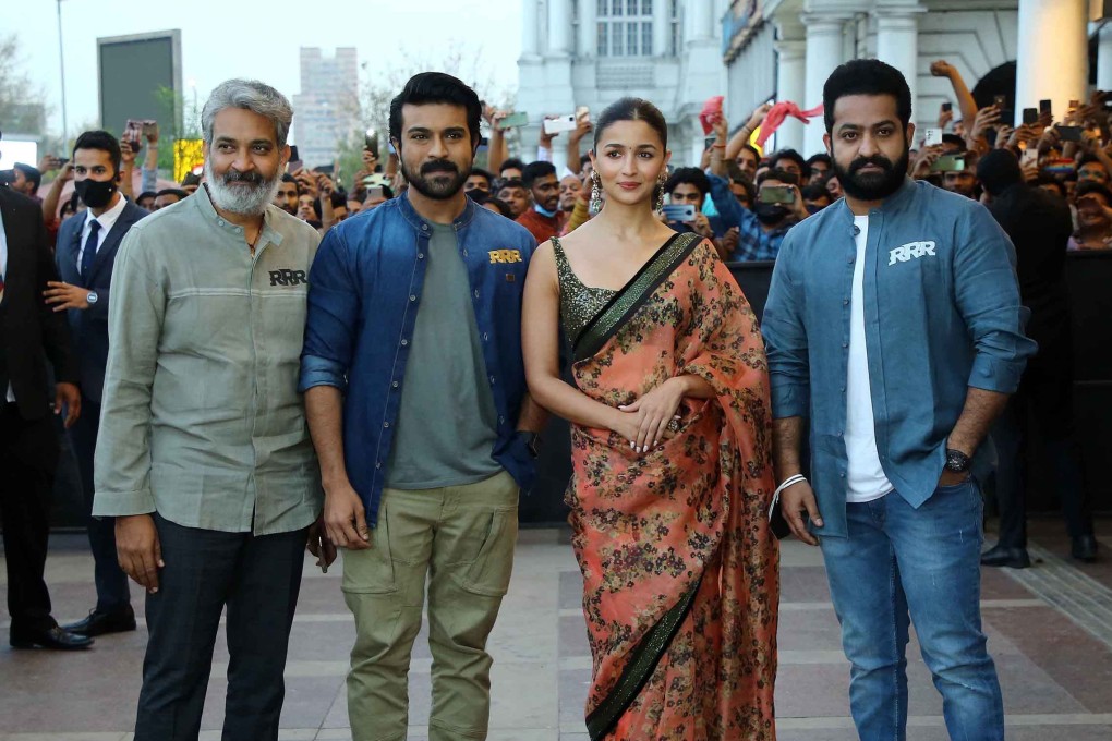 Actors Jnr NTR (right), Ram Charan, Alia Bhatt and director SS Rajamouli (left) during the promotion for the film RRR in New Delhi, India. File photo: Pacific Press/Zuma Press/TNS