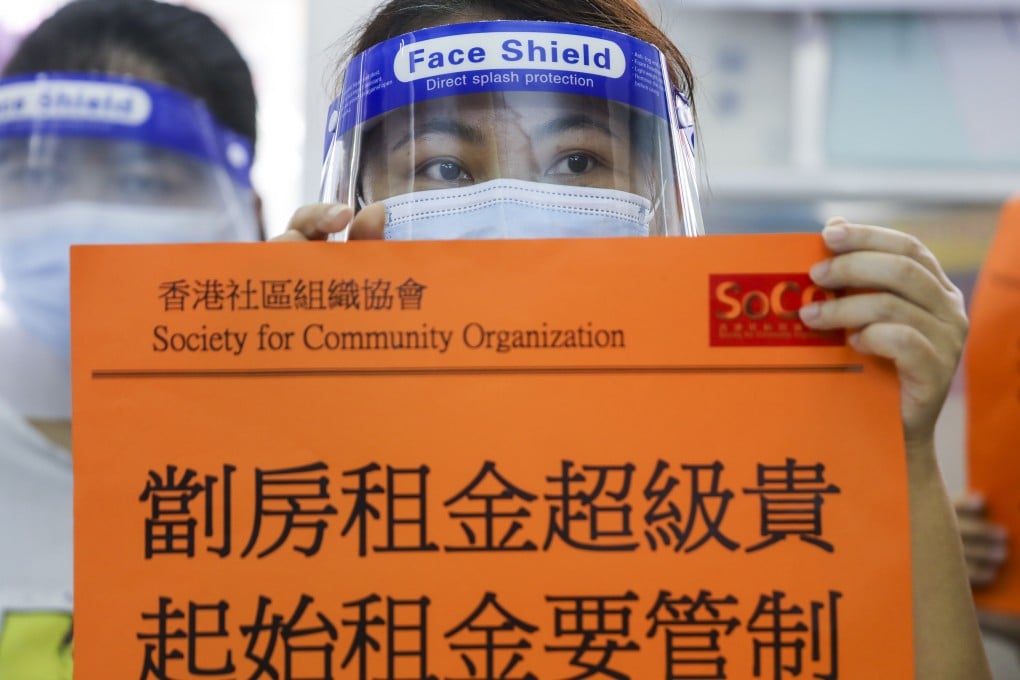 A woman identified only as Ms Chan joins a campaign designed to boost rent contrils for subdivided flats. Photo: Xiaomei Chen