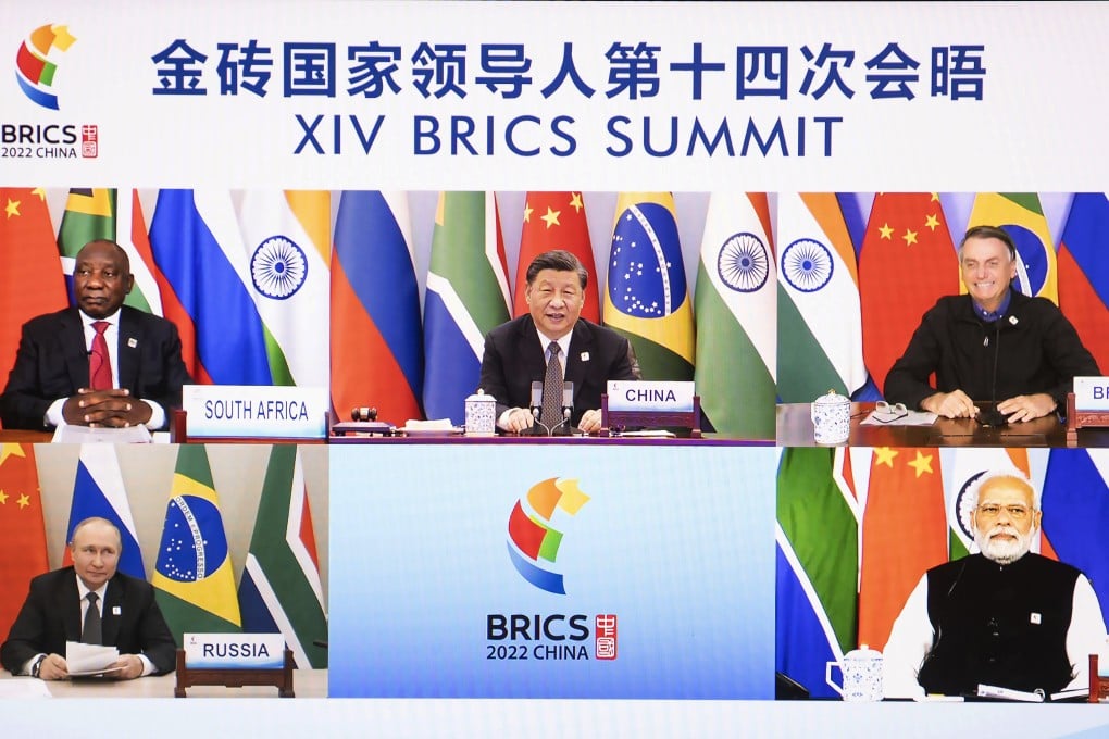 BRICS leaders (clockwise, from top left) South African President Cyril Ramaphosa, Chinese President Xi Jinping, Brazilian President Jair Bolsonaro, Indian Prime Minister Narendra Modi and Russian President Vladimir Putin attend the virtual 14th BRICS Summit on June 23. Photo: AP