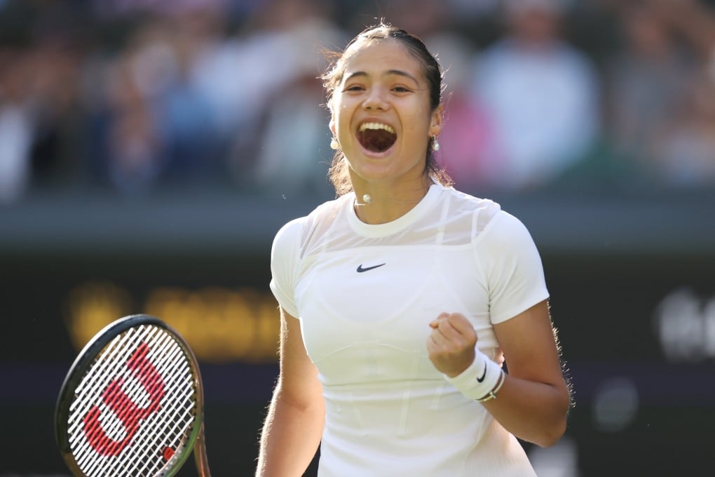 Emma Raducanu celebrates after winning her first-round match against Alison Van Uytvanck at Wimbledon. Photo: Xinhua/