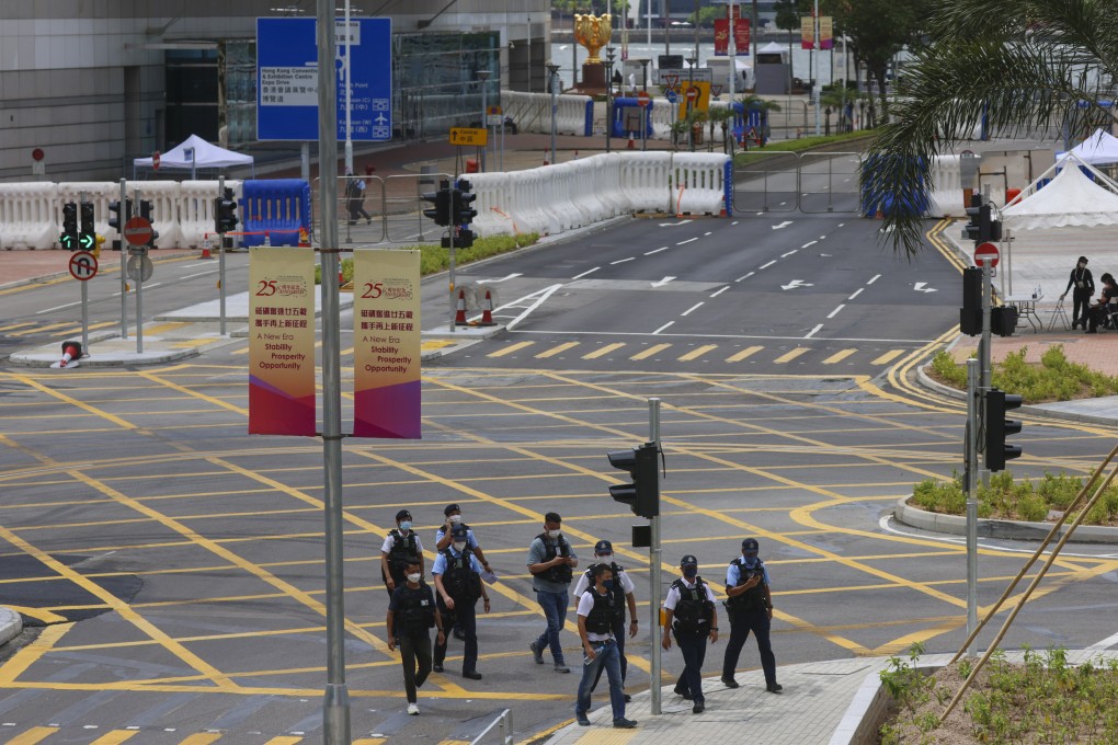 Road blocks have been erected around the Hong Kong Convention and Exhibition Centre, where the 25th anniversary celebrations will be held on July 1. Photo: Dickson Lee