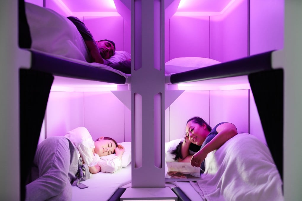 Air New Zealand’s SkyNest sleep pods, purpose-built lie-flat beds, will be ready in 2024 and bookable in four-hour increments by passengers in economy or premium economy. Photo: Air New Zealand