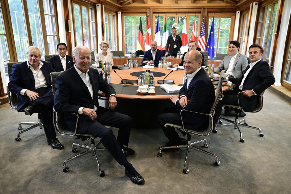 Clockwise from left, British Prime Minister Boris Johnson, Japan’s Prime Minister Fumio Kishida, European Commission President Ursula von der Leyen, European Council President Charles Michel, Italian Prime Minister Mario Draghi, Canada’s Prime Minister Justin Trudeau, French President Emmanuel Macron, German Chancellor Olaf Scholz and US President Joe Biden at the G7 summit in Castle Elmau, Germany, on Tuesday. Photo: AP
