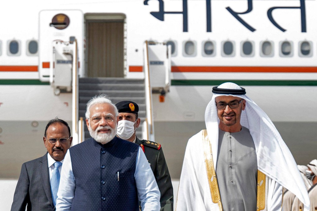 UAE President Sheikh Mohammed bin Zayed Al Nahyan receiving India’s Prime Minister Narendra Modi at the presidential airport in Abu Dhabi on Tuesday. Photo: AFP via UAE’s Ministry of Presidential Affairs