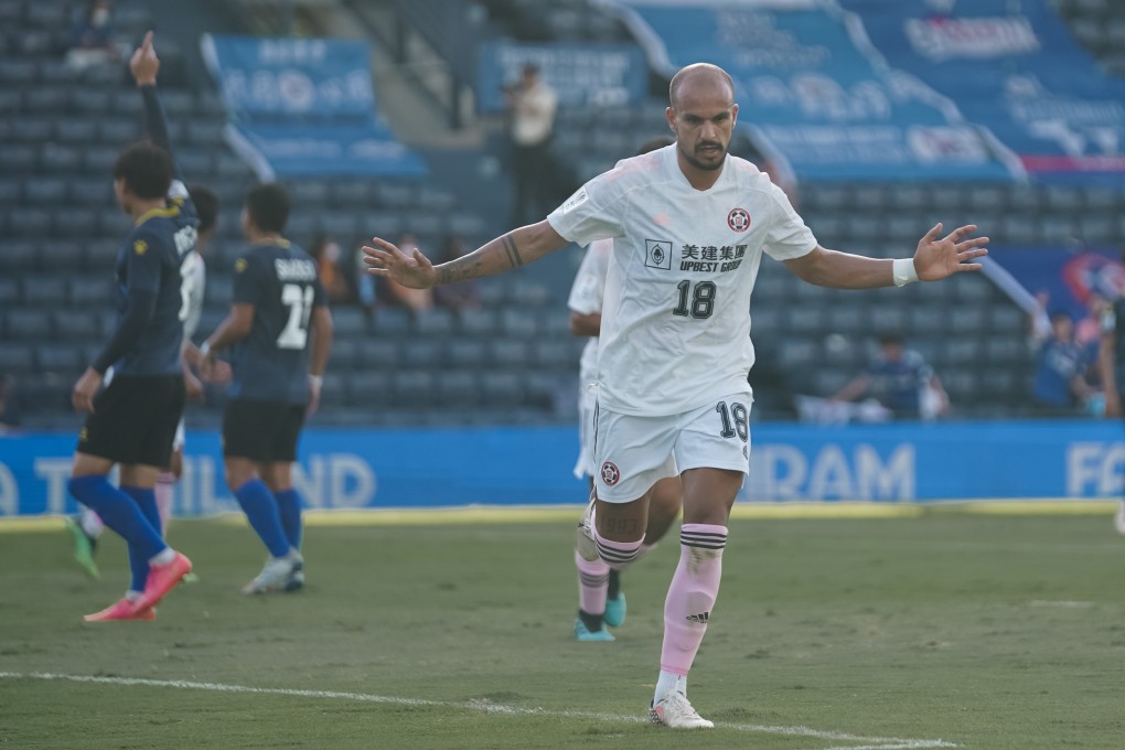 Mikael Severo celebrates after putting Eastern ahead with a header in the first half. Photos: Eastern Long Lions