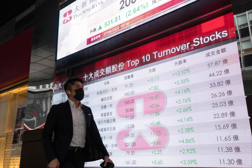 A man walks past an electronic display showing the Hang Seng Index in the Central district of Hong Kong on May 27. Photo: AFP
