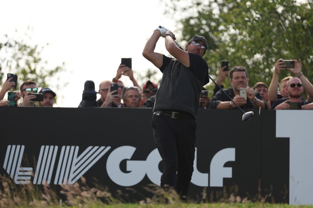 Phil Mickelson tees off on the 16th hole during the final round of the LIV Golf Invitational at The Centurion Club. Photo: TNS