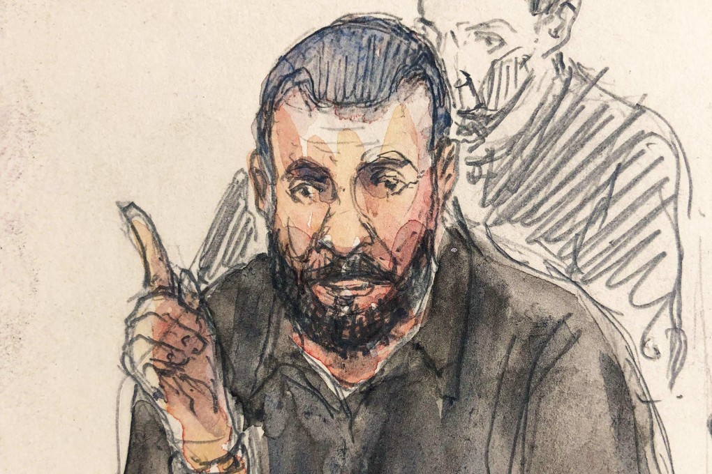 A courtroom sketch depicts defendant Salah Abdeslam gesturing in front of a special Paris court during his trial on June 10. Image: Benoit Peyrucq via AFP