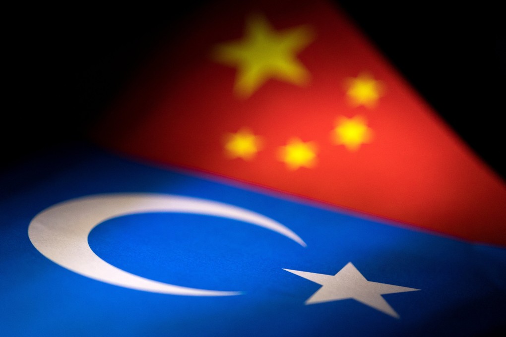 The Chinese and Xinjiang Uygur autonomous region flags. A new global poll finds that Beijing’s handling of human rights issues has helped fuel unfavourable opinions about China. Illustration: Reuters